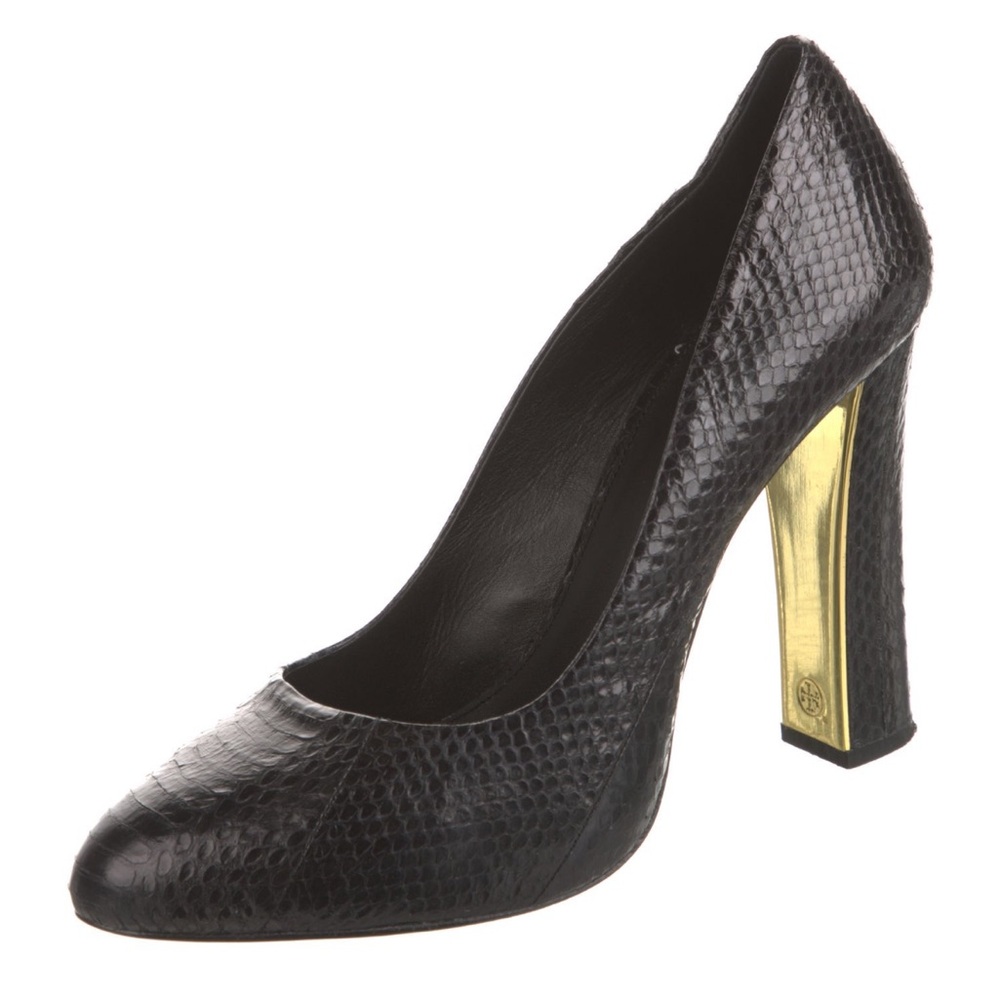 Tory Burch Black Python Snakeskin Leather Gold Tr… - image 1